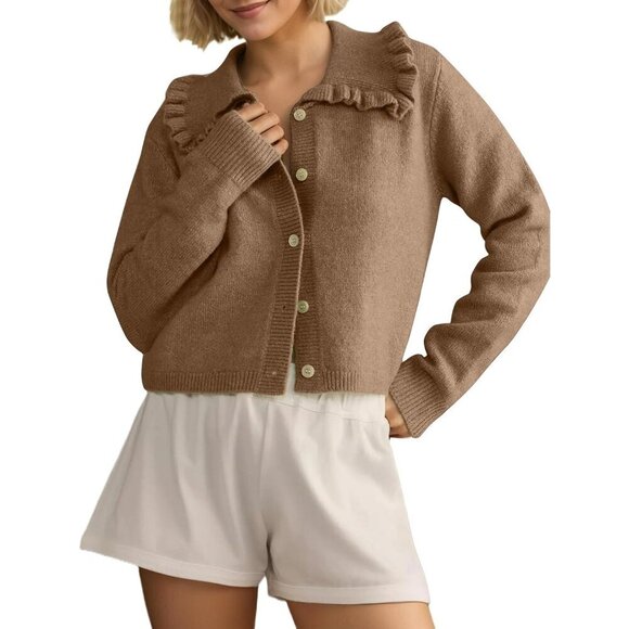 Sweaters - Womens Ruffle Collar Cropped Cardigan Lightweight Knit Fall Casual Large